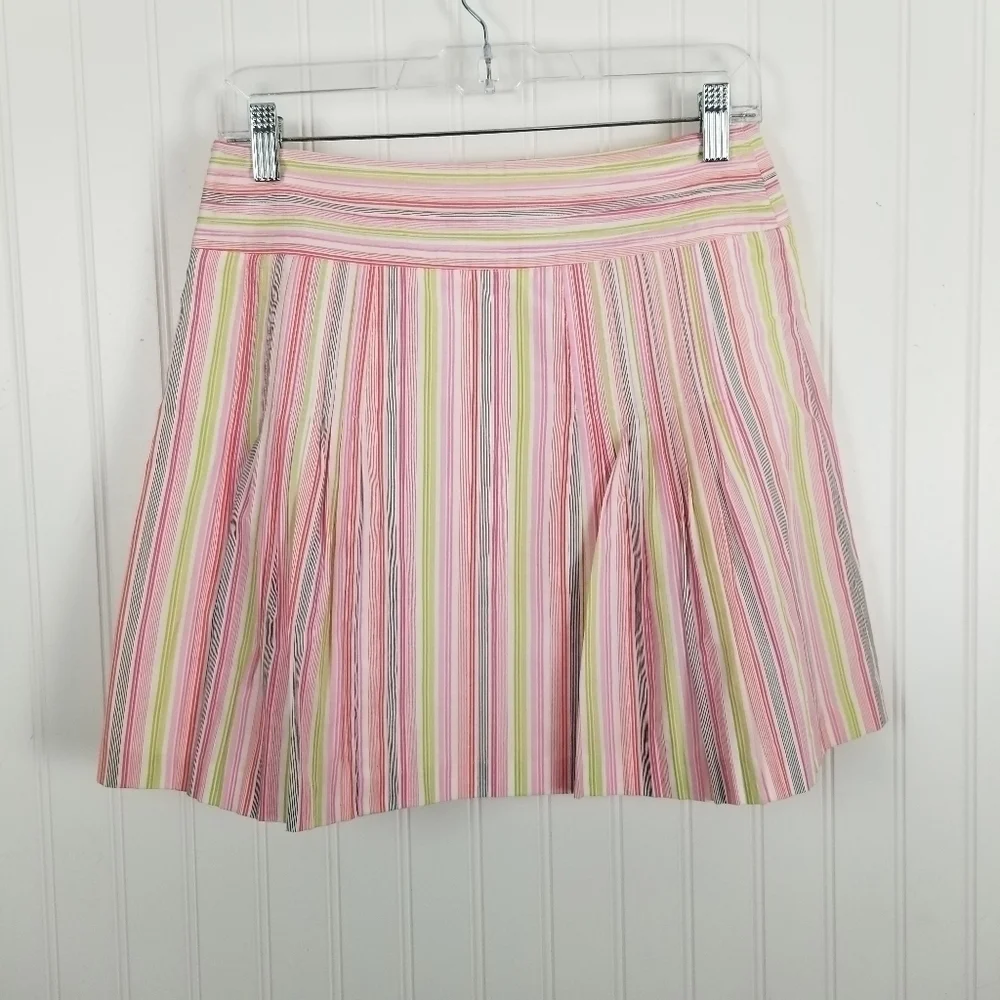 J Crew Pleated Skirt Multicolor Stripes Pink Green White Cotton Coquette Preppy